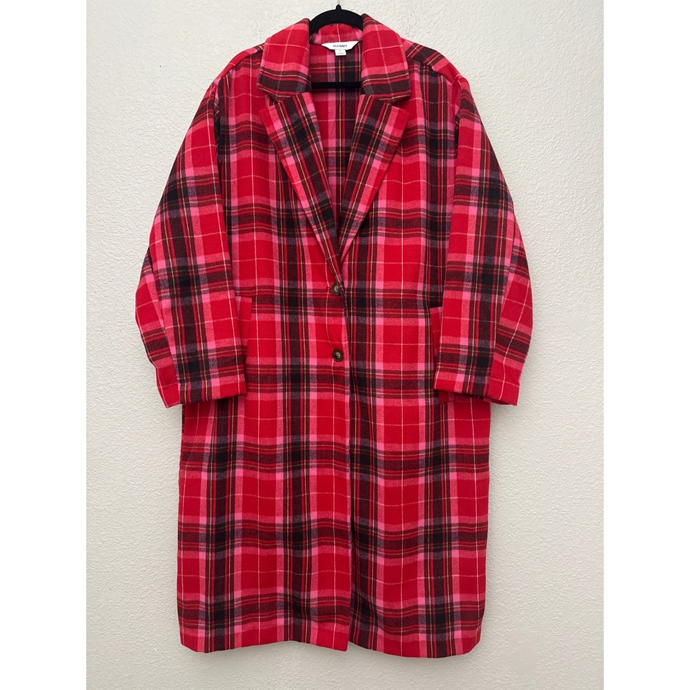 Old Navy Soft Brushed Overcoat Red Tartan Plaid Longline Buttons Size XL